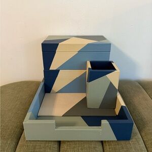 Jonathan Adler Geometric Blue and Cream Desk Organizer Set